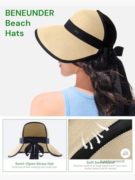 UPF50+ Wide Brim Foldable Sun Visor Packable Straw Beach Hat